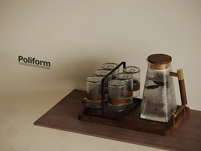 Modern Glass Tea Set with Wooden Accents Cups and Tray on Poliform Wall 3d model