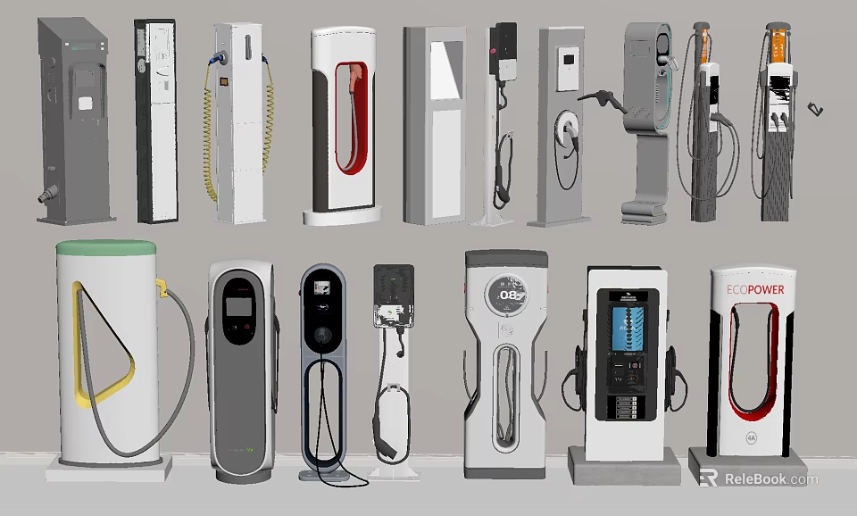 Electric Vehicle Charging Stations with Various Designs and Models for Car Charging 3d model 