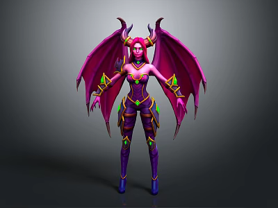 Fantasy Game Movie Character With Pink Wings Purple Body Horns And Green Accents 3d model