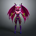 Fantasy Game Movie Character With Pink Wings Purple Body Horns And Green Accents