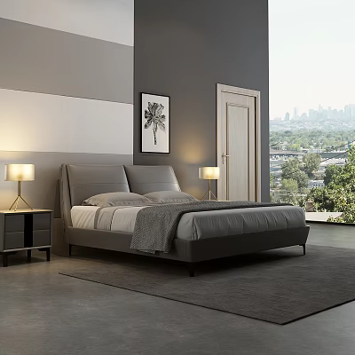 Modern Grey Double Bed with Upholstered Headboard Nightstands Table Lamps and Botanical Wall Art 3d model