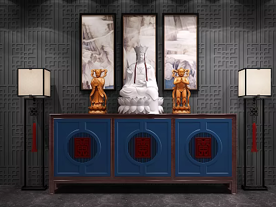 Entryway Cabinet Sideboard With Blue Body Red Fu Characters Golden Statues Lanterns And Hanging Paintings 3d model