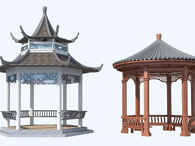 Traditional Chinese Pavilions With Gray Brown Roofs And Carved Wooden Columns 3d model