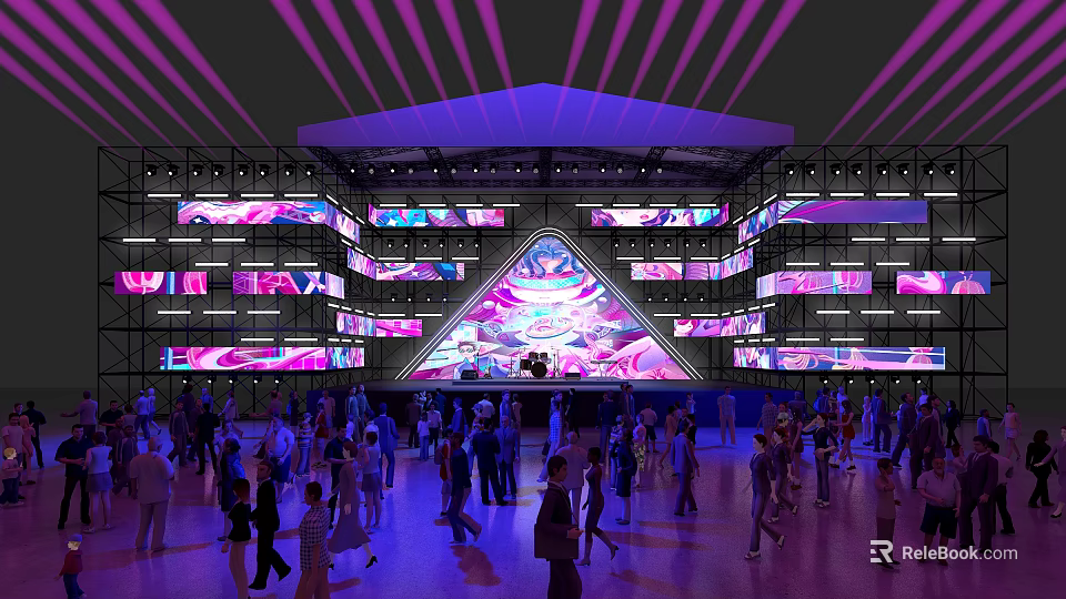 Large Indoor Multimedia Venue With Triangular LED Screen Purple Pink Lighting And Crowd 3d model 
