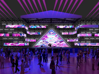 Large Indoor Multimedia Venue With Triangular LED Screen Purple Pink Lighting And Crowd 3d model
