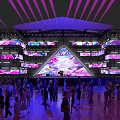 Large Indoor Multimedia Venue With Triangular LED Screen Purple Pink Lighting And Crowd 3d model