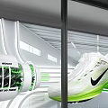Sleek Futuristic Store Display Window Showcasing High Performance White Green Nike Running Sneakers