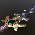 Metallic Decorative Sword With Sharp Blade Green Gemstone Hilt And Gold Accents