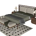 Double Bed With Wooden Headboard Green Quilt Gray Blanket Nightstands Table Lamps Bench Checkered Rug