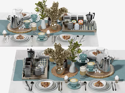 Stylish Tableware Set with Plates Cups Cutlery and Decorative Plants on Dining Table 3d model