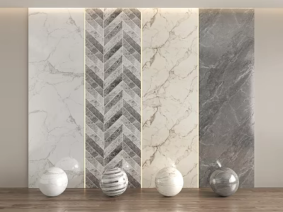 Luxurious Marble Feature Wall Design With Herringbone Pattern And Decorative Spheres 3d model
