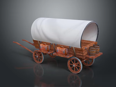 Vintage Wooden Wagon With White Canvas Cover And Loaded Crates Barrels 3d model