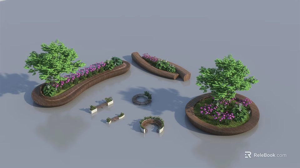 Curved Wooden Landscape Seats With Green Plants And Colorful Flower Beds 3d model 
