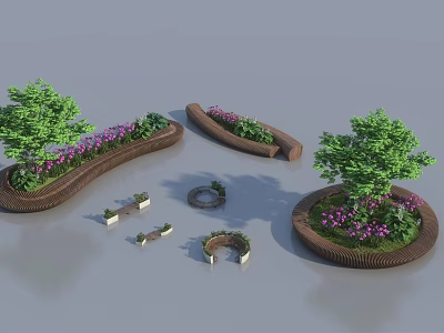 Curved Wooden Landscape Seats With Green Plants And Colorful Flower Beds 3d model