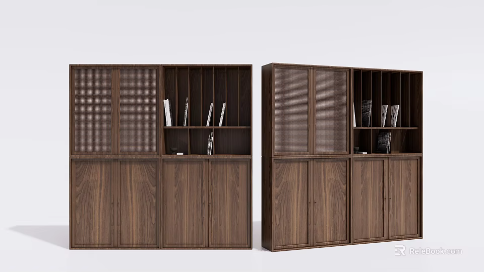 Modern Walnut Bookcases With Open Shelves Cabinet Doors And Storage Design 3d model 