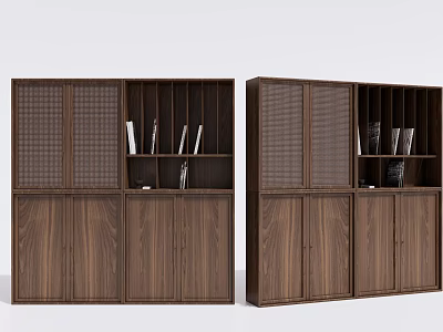 Modern Walnut Bookcases With Open Shelves Cabinet Doors And Storage Design 3d model