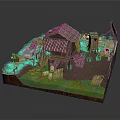 Cartoon Scene Of Rustic Thatched Roof Cottage With Green Grass Flowers And Wooden Ladder