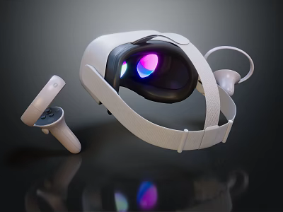Modern White VR Headset Design With Controllers And Colorful Lens Lights 3d model