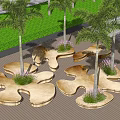 Flower Shaped Natural Stone Tree Planters With Palm Trees And Purple Flowers On Wooden Deck