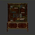 Vintage Wooden Cabinet Featuring Upper Bookshelf With Books And Red Gold Decorative Accents