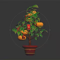 Potted Plant with Green Leaves Orange Fruits and Red Lantern Decorations in Red Pot