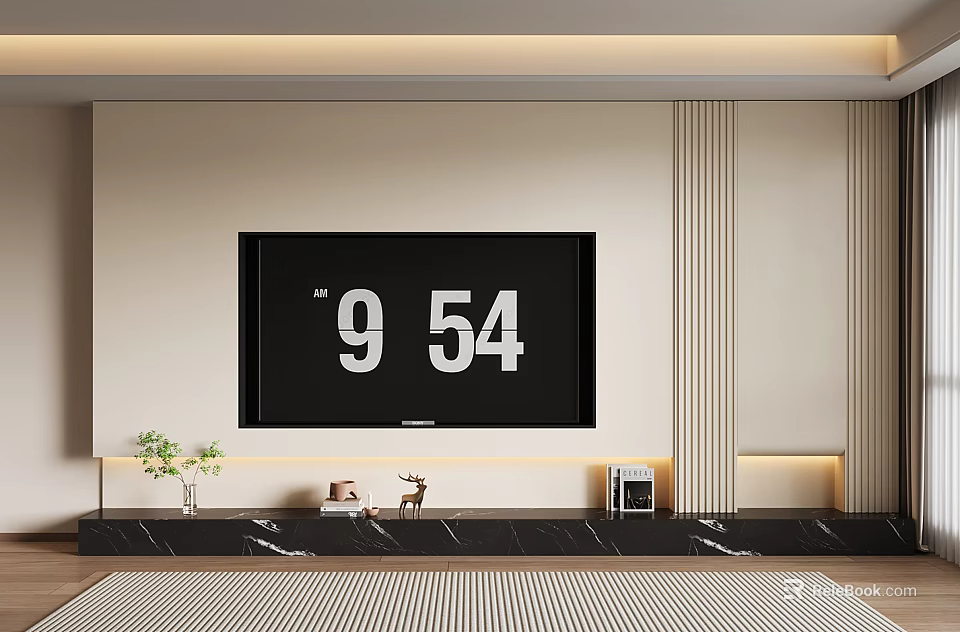Modern Minimalist TV Wall Design With Beige Panel Black TV Marble Console And Light Strips 3d model 