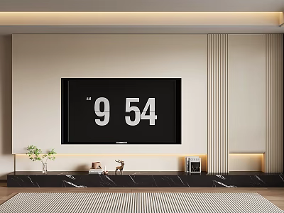 Modern Minimalist TV Wall Design With Beige Panel Black TV Marble Console And Light Strips 3d model