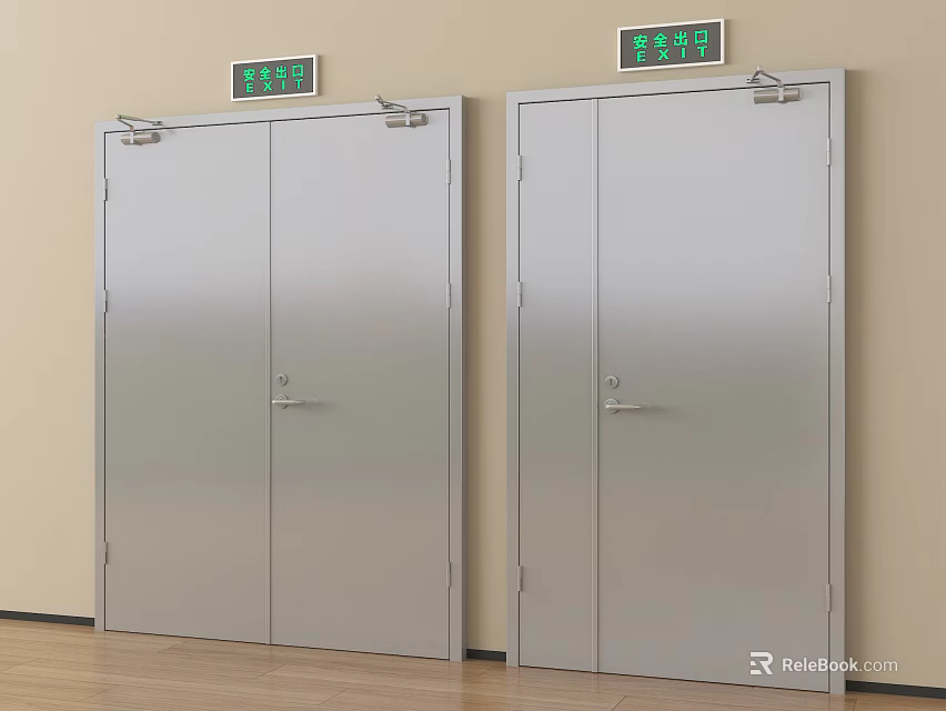 Silver Safety Exit Double Doors With Green Indicator Signs On Wall 3d model