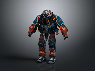 Game Movie Character In Mechanical Armor With Orange Blue Details And Futuristic Design 3d model