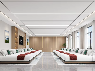 Spacious Hotel Guest Room With Multiple Beds Wooden Paneling And Large Windows 3d model