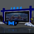 League of Legends Stage with Large Screen Game Character Models and Blue Decorations