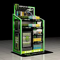 Monster Energy Beverage Display Shelf With Multiple Layers And Green Black Design