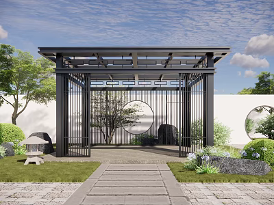 Traditional Chinese Courtyard Entrance with Black Lattice Gate Circular Windows Stone Path and Plants 3d model