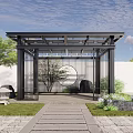 Traditional Chinese Courtyard Entrance with Black Lattice Gate Circular Windows Stone Path and Plants