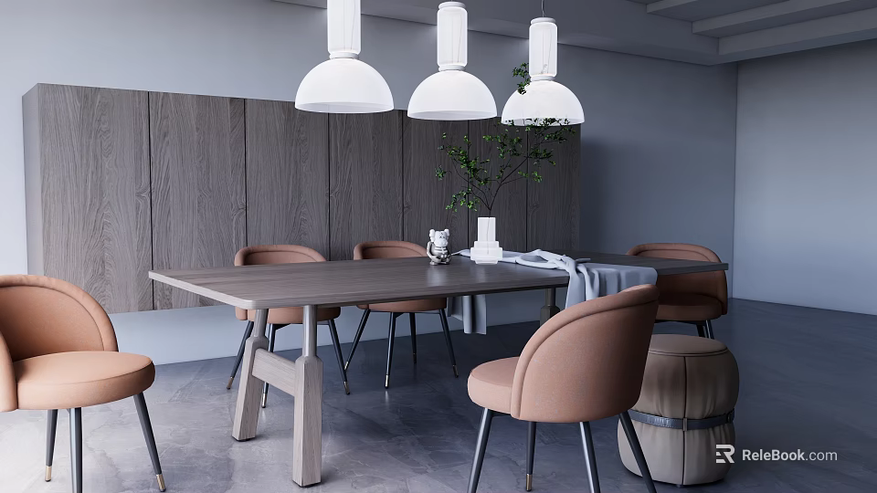 Dining Room Interior Design With Wooden Dining Table Brown Chairs And White Pendant Lights 3d model 