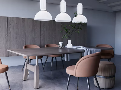 Dining Room Interior Design With Wooden Dining Table Brown Chairs And White Pendant Lights 3d model