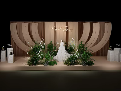 Elegant Wooden Sculpted Wedding Scene With White Dress Green Plants And Flowers 3d model