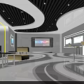 Modern Break Room With White Curved Counter Display Shelves TV Screens And Bar Stools