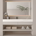 Modern Bathroom Vanity Cabinet with Backlit Mirror Sink Counter Shelves Towels Toilet Paper and Fern Plant