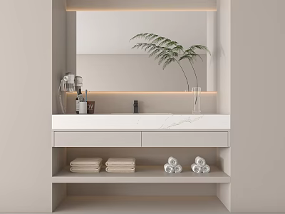 Modern Bathroom Vanity Cabinet with Backlit Mirror Sink Counter Shelves Towels Toilet Paper and Fern Plant 3d model