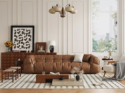 Elegant Living Room Interior Design With Brown Sofa Chandelier And Black And White Geometric Rug 3d model