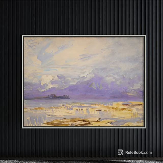Landscape Painting With Purple Mountains Yellow Ground And Cloudy Sky On Wall 3d model 