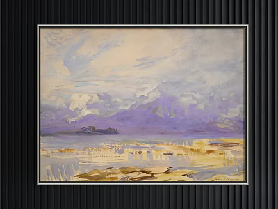 Landscape Painting With Purple Mountains Yellow Ground And Cloudy Sky On Wall 3d model
