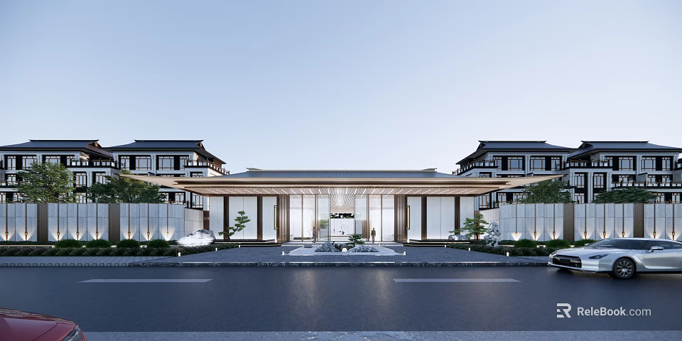 Modern Chinese Sales Office Building Exterior With Sloped Roof And Glass Curtain Wall Design 3d model