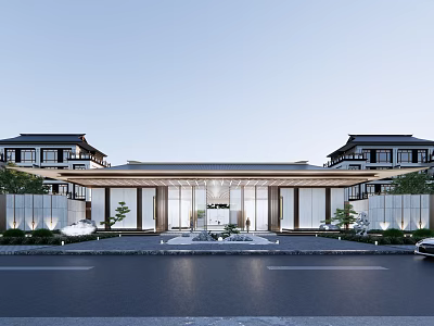 Modern Chinese Sales Office Building Exterior With Sloped Roof And Glass Curtain Wall Design 3d model