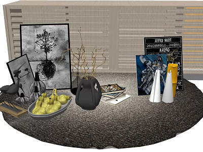 Modern Minimalist Decorative Ornament Set on Round Tabletop With Pears Black Vase Paintings And Books 3d model