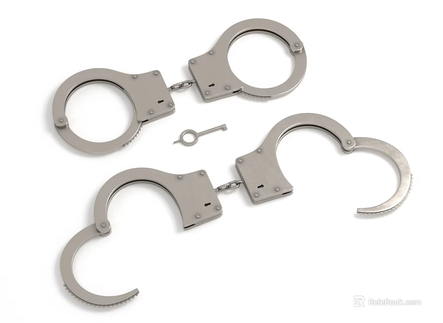 Two Stainless Steel Handcuffs With Key In Open And Closed States 3d model 