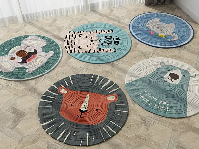 Round Rugs Featuring Cute Animal Patterns Lion Bear In Soft Blue Green For Kids Bedroom 3d model