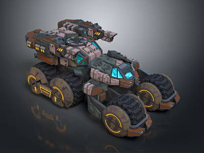 Rugged Futuristic Terrain With Large Wheeled Vehicle And Mechanical Details 3d model