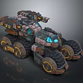 Rugged Futuristic Terrain With Large Wheeled Vehicle And Mechanical Details